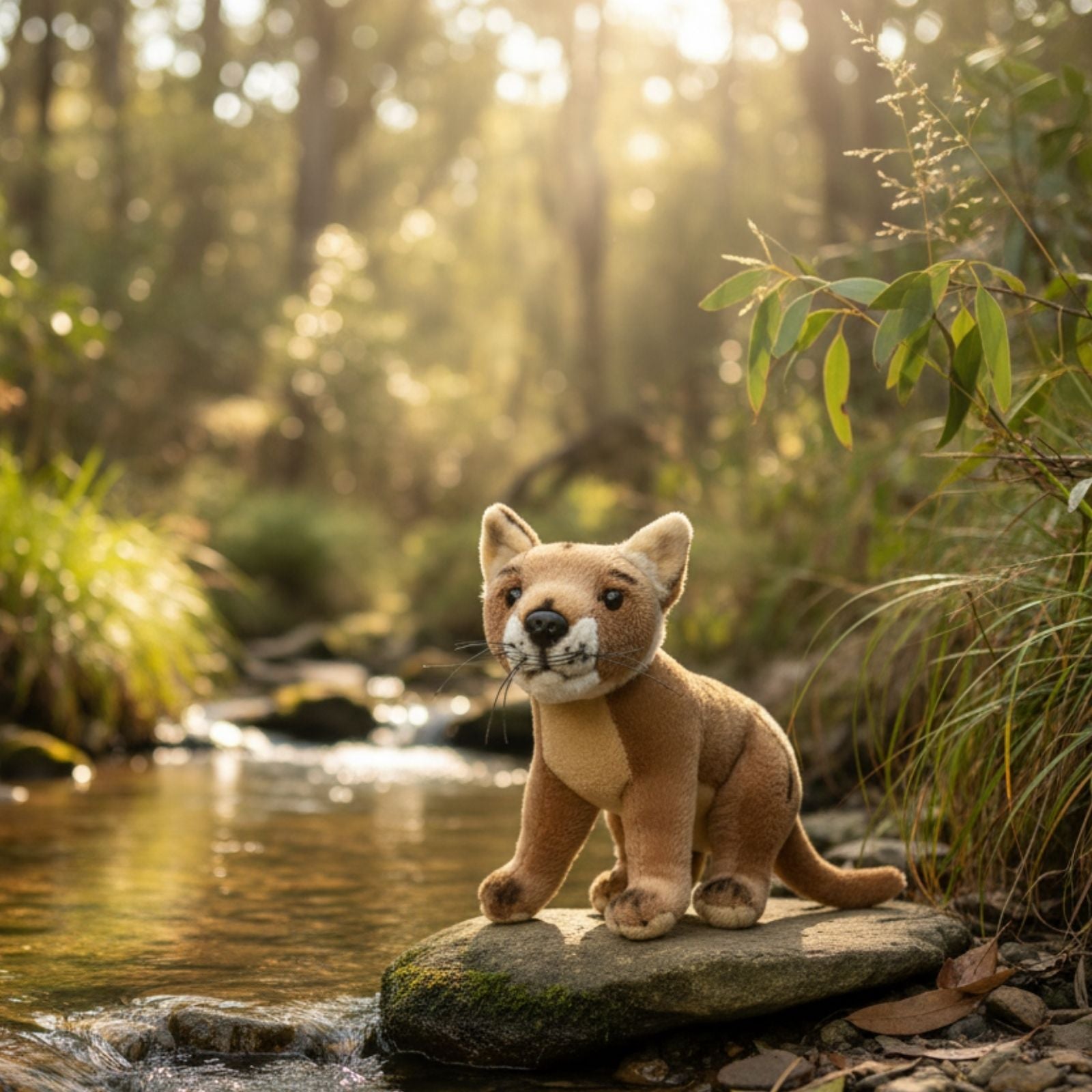 Tasmanian Tiger plush toy in a river