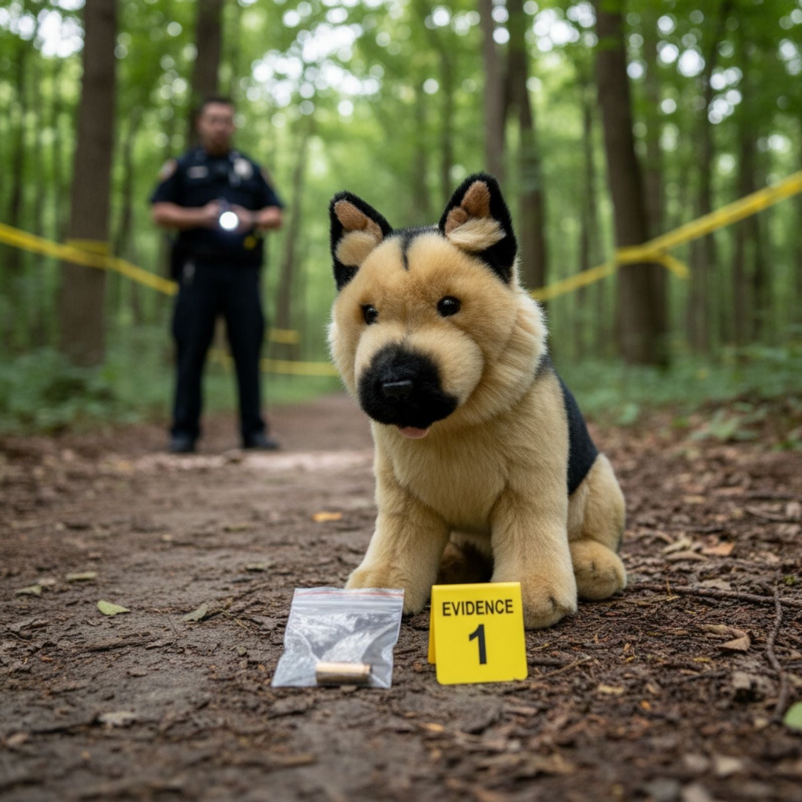Sargeant German Shepherd plush sitting at forest crime scene with evidence marker