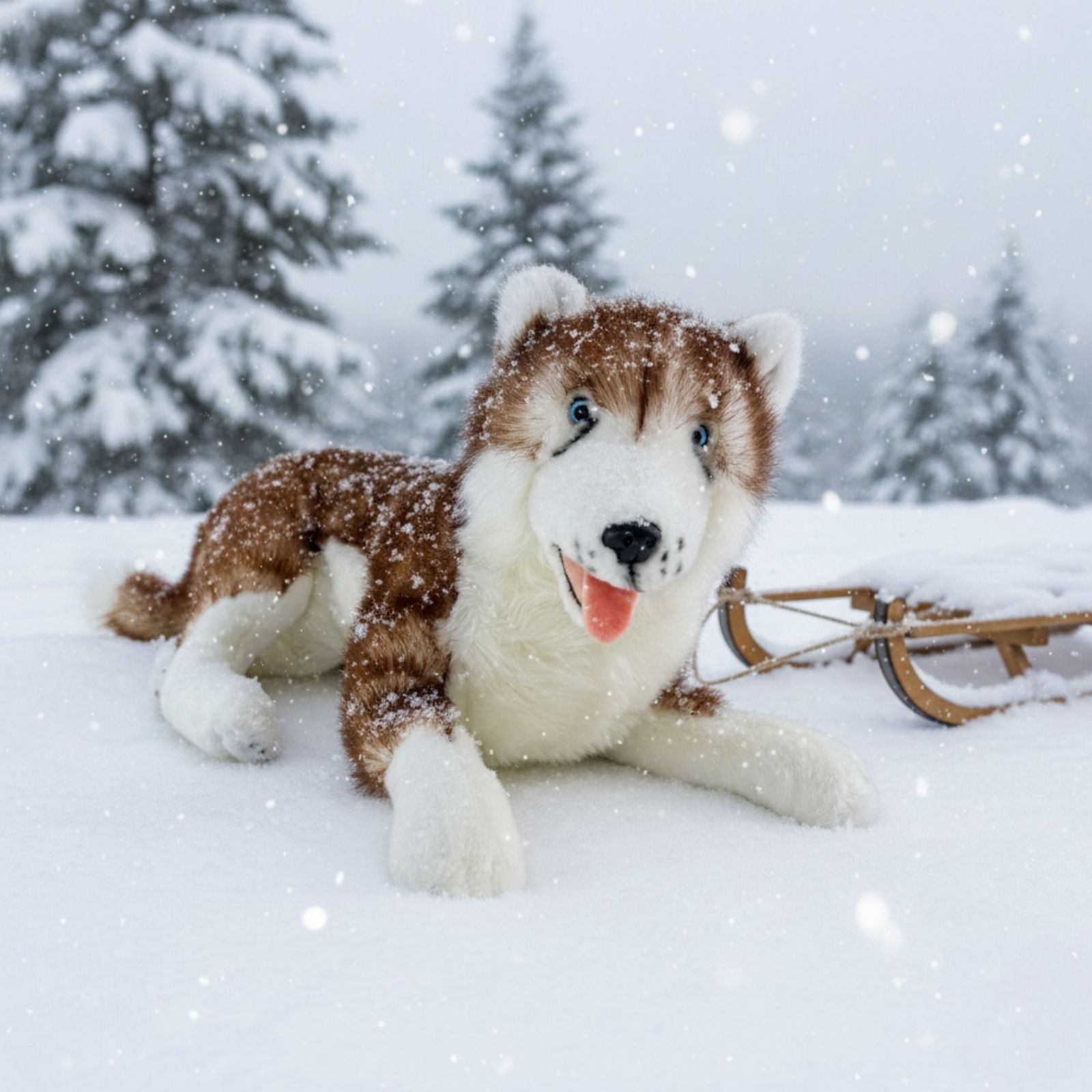 Scarlet Husky plush toy lying in snowy forest beside wooden sled.