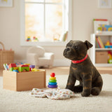 Scooter Staffy plush toy sitting on carpet beside toys and blanket