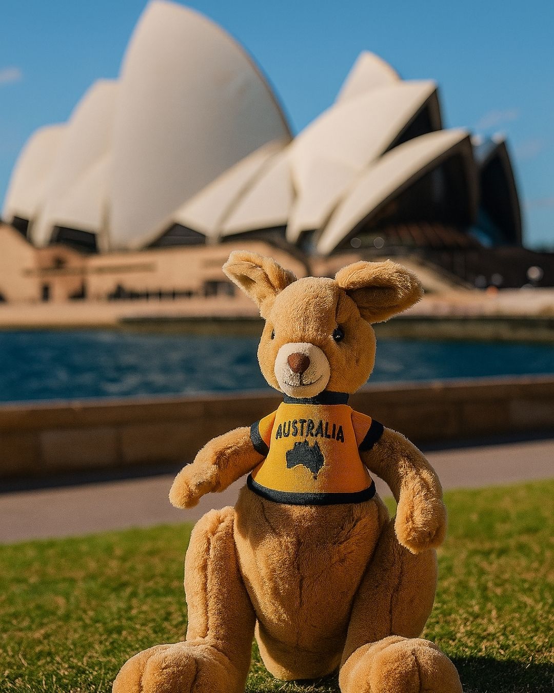 Plush kangaroo toy wearing an 'Australia' shirt in front of the Sydney Opera House.
