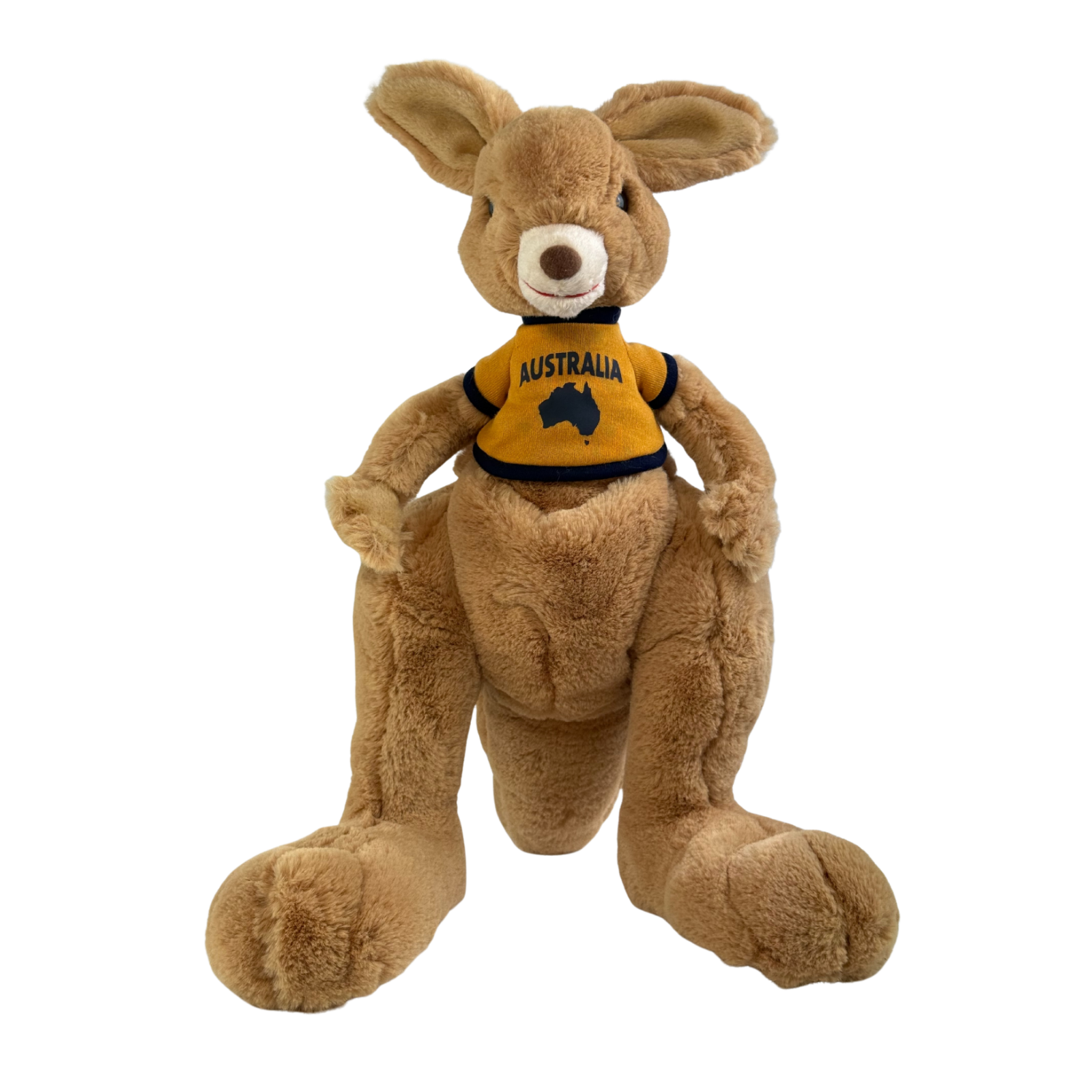 Plush kangaroo toy wearing an Australia shirt on a white background