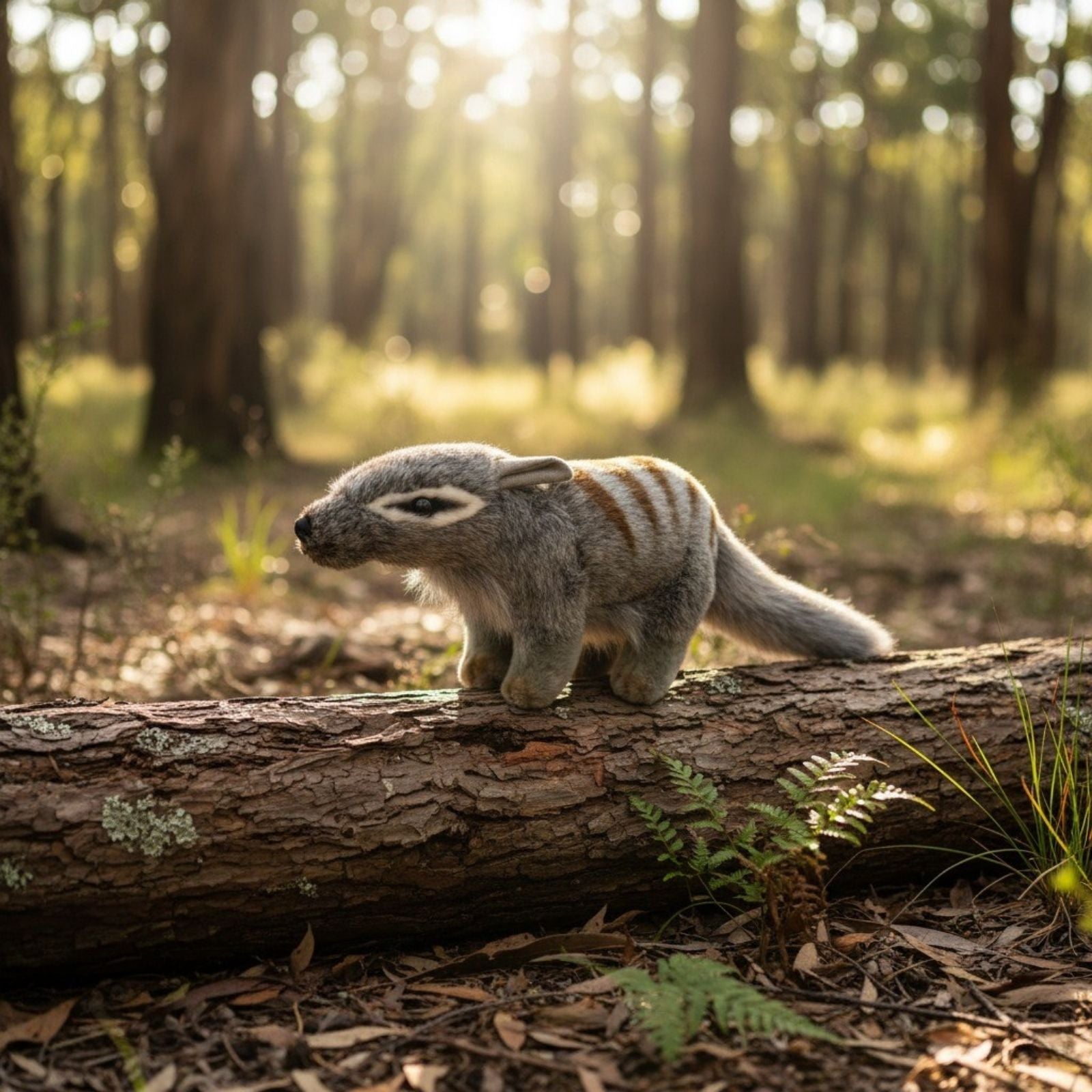 Small creature standing on a log in a forest with sunlight filtering through the trees.