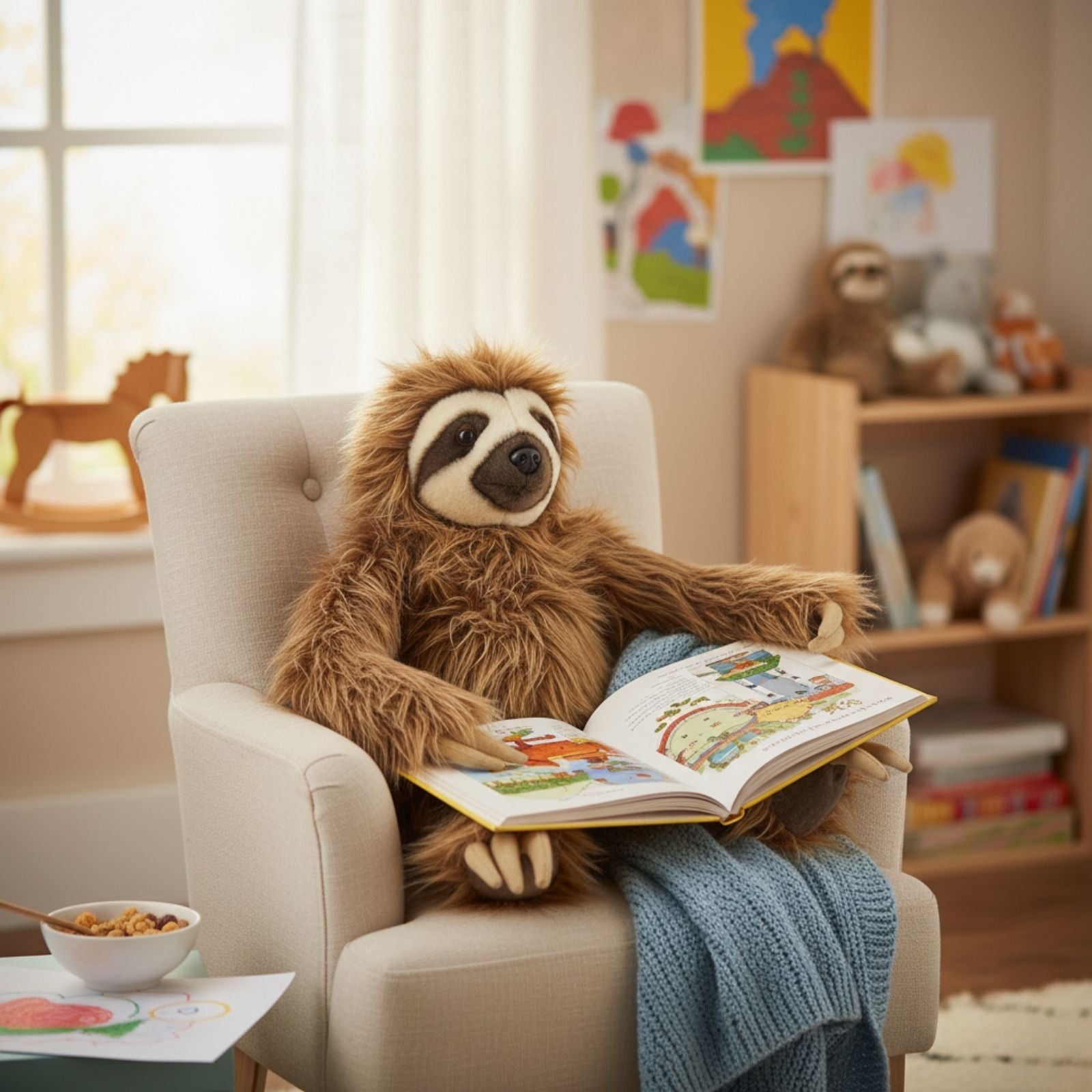 Sloth soft plush toy sitting on armchair reading picture book kids’ room