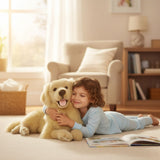 Spencer Golden Retriever plush toy lying on carpet with open book