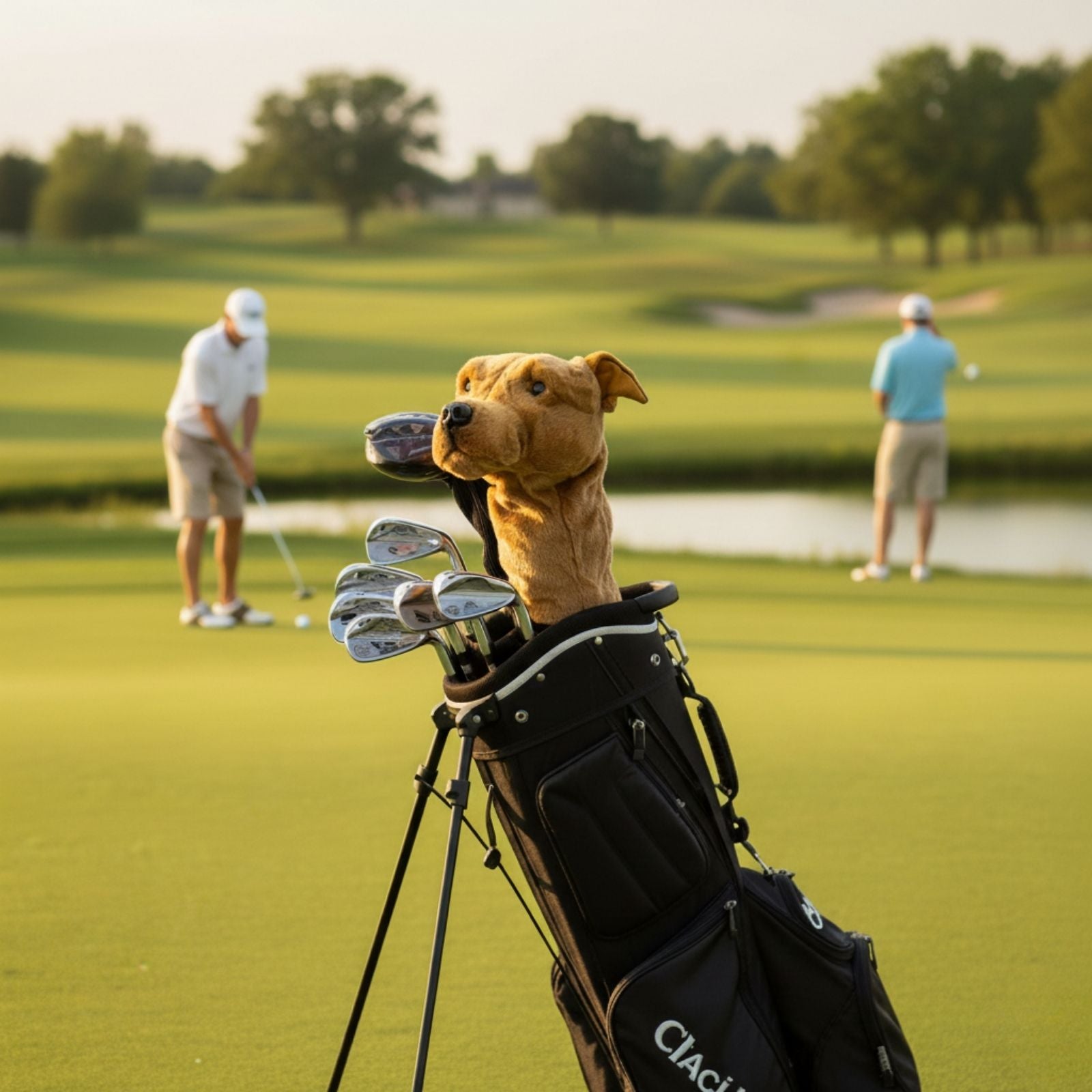 Brown Staffy golf club head cover on black golf bag with golfers in the back
