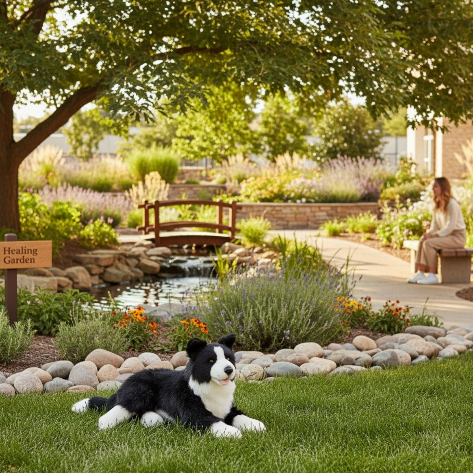 Starsky Border Collie plush toy lying on grass in healing garden