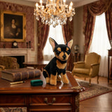 Taco chihuahua plush toy sitting on ornate wooden desk in elegant room