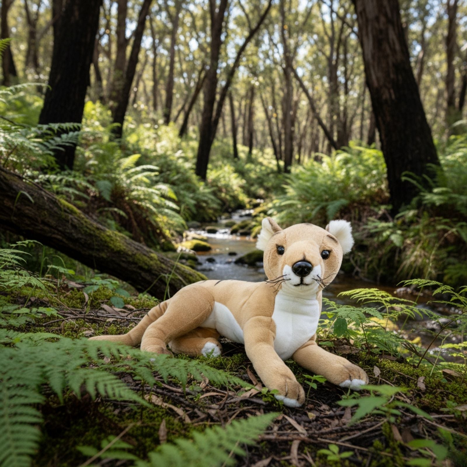 Stuffed dingo toy in a forest setting