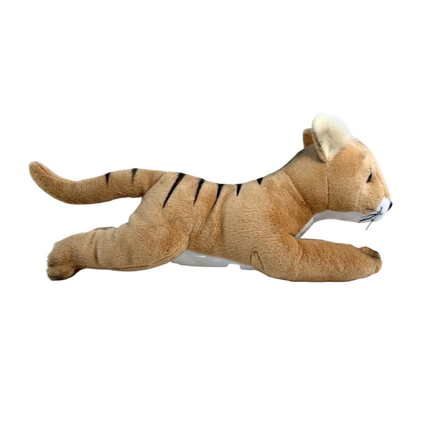 Plush toy thylacine lying down on a white background
