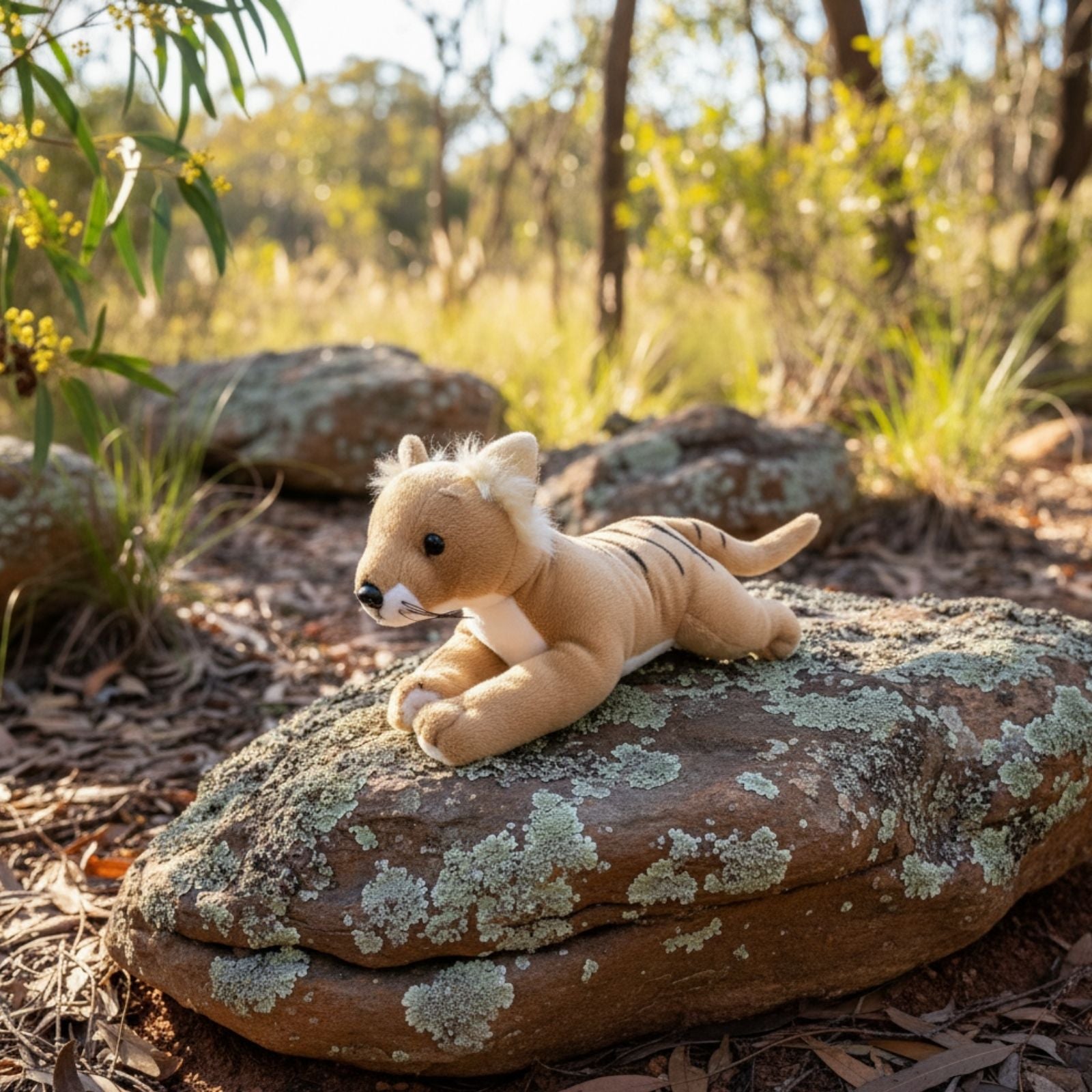 Plush toy thylacine lying on a rock in a natural setting with trees and plants.