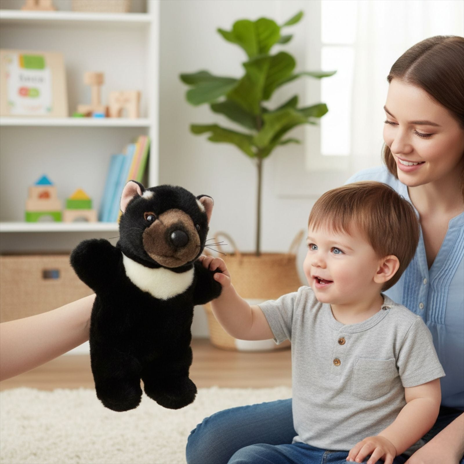 Toddler touching Tasmanian devil hand puppet held by adult in bright playroom.