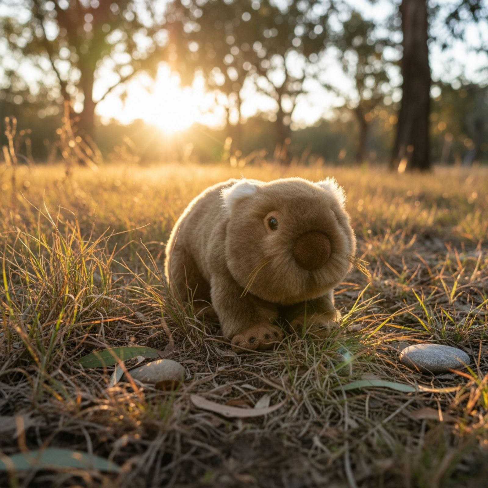 Plush toy resembling a Wombat in a natural setting with trees and sunlight.