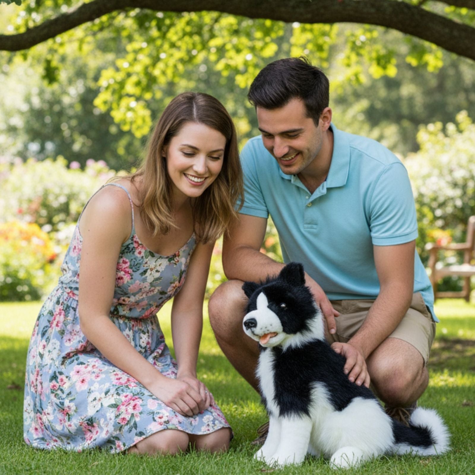 Couple petting Tommy Border Collie plush toy in garden