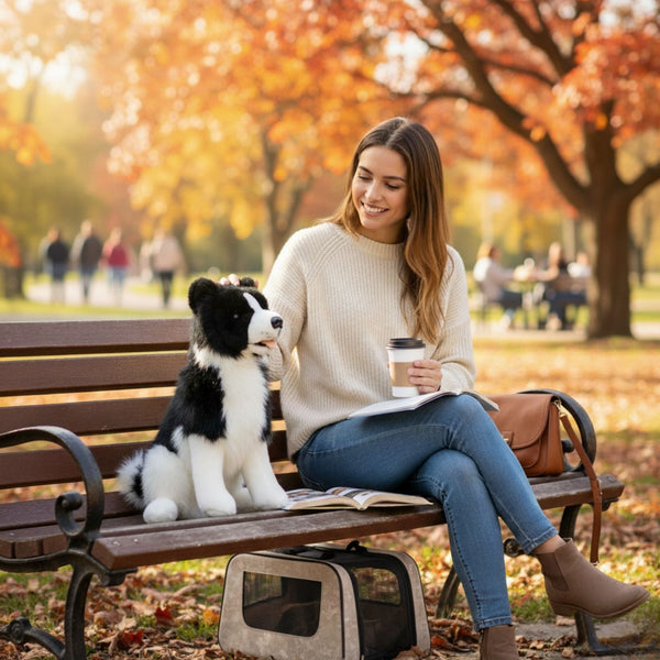 Woman sitting on park bench with Tommy Border Collie plush toy in autumn.