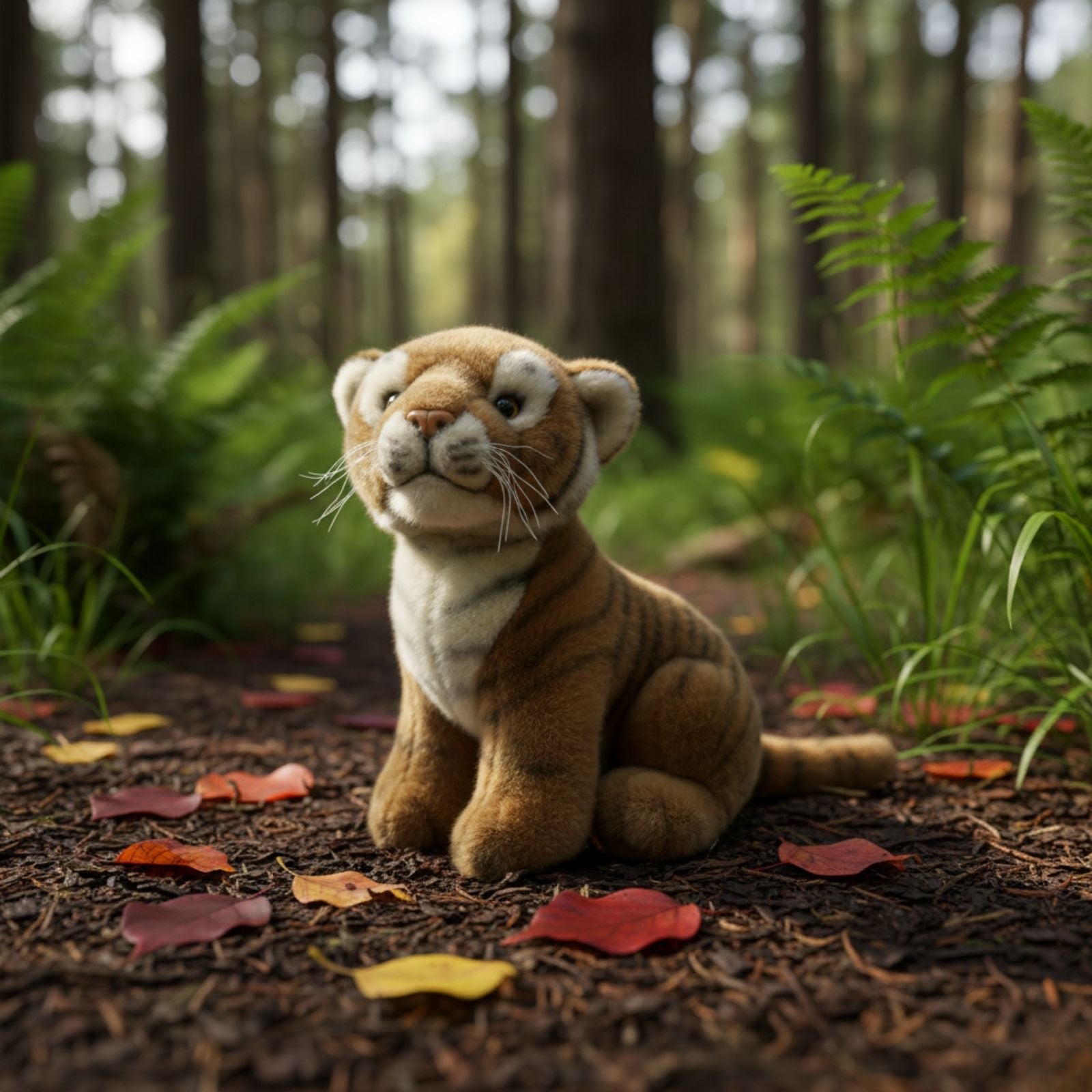 Tony tiger plush toy sitting on forest floor 