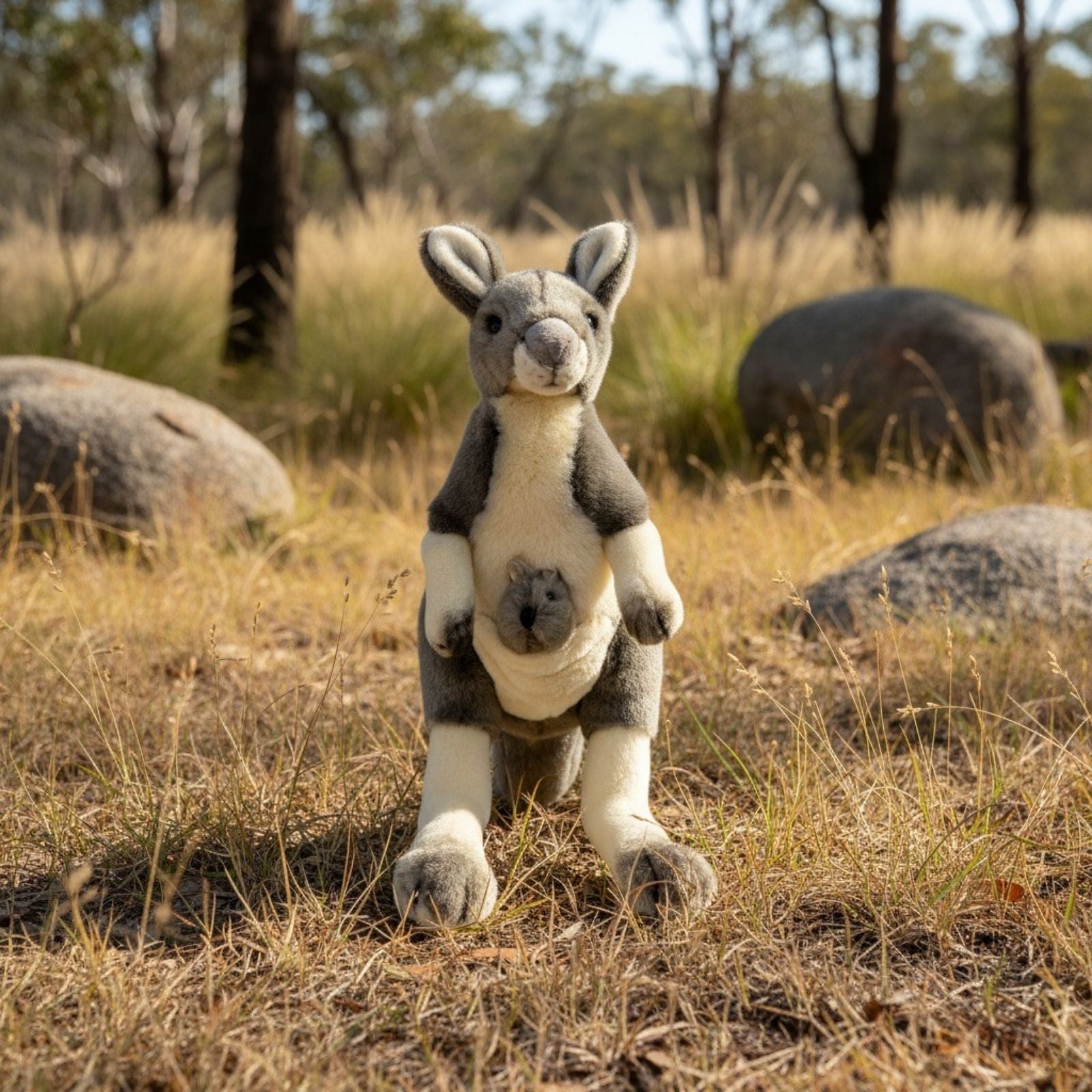 Plush toy kangaroo in a natural setting with grass and rocks.