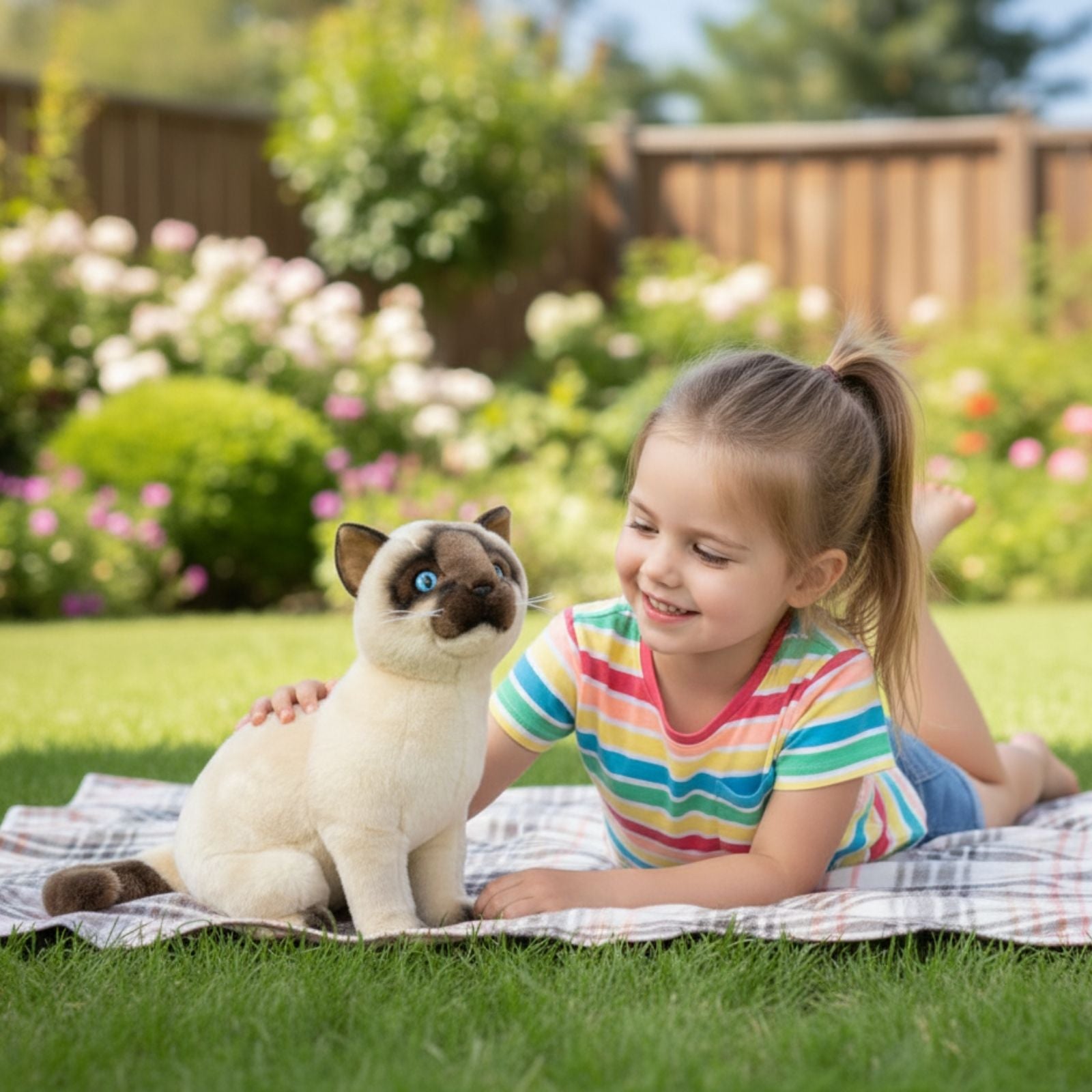 Child lying on blanket petting Tulip Siamese cat plush toy in sunny garden