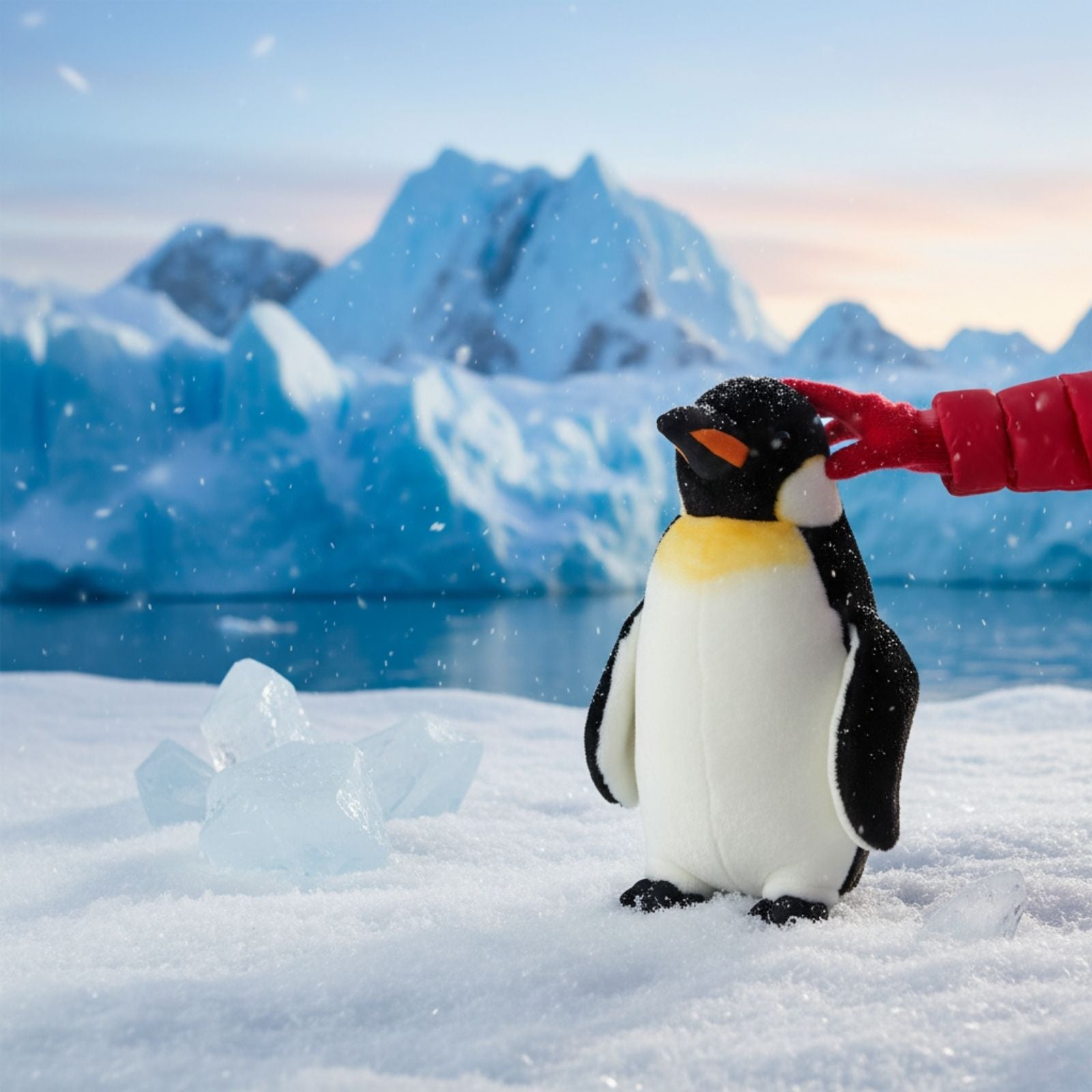 Twinkie Emperor Penguin plush toy on snowy ice with blue glaciers