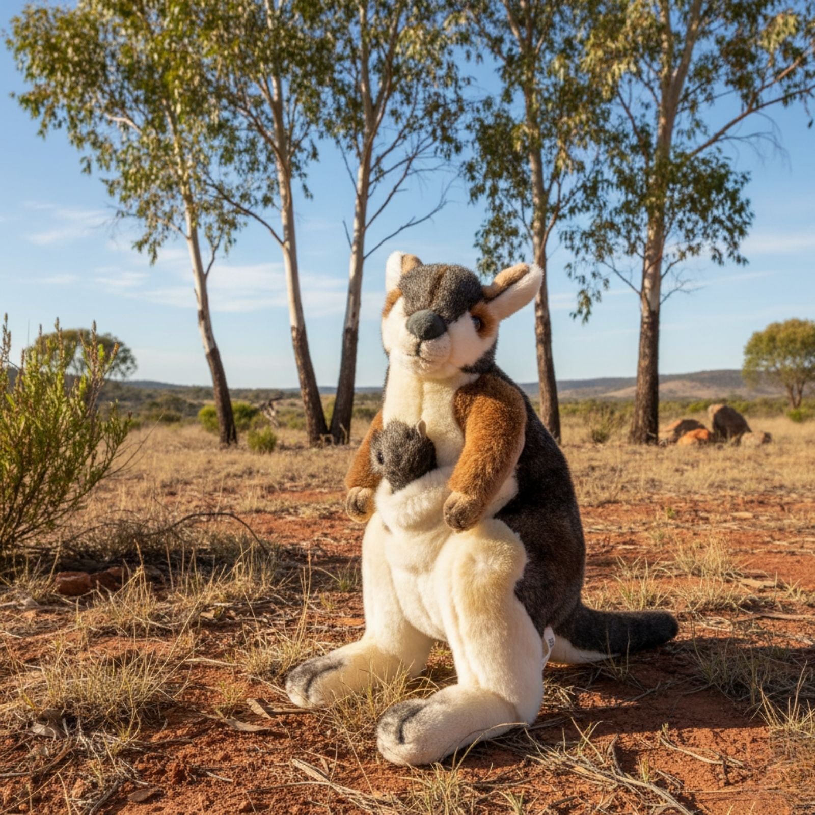 Plush toy kangaroo in a natural setting with trees and open land.