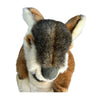 Close-up of a plush toy resembling a kangaroo with brown, black, and white fur on a white background