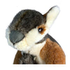 Close-up of a plush kangaroo with brown, gray, and white feathers on a white background