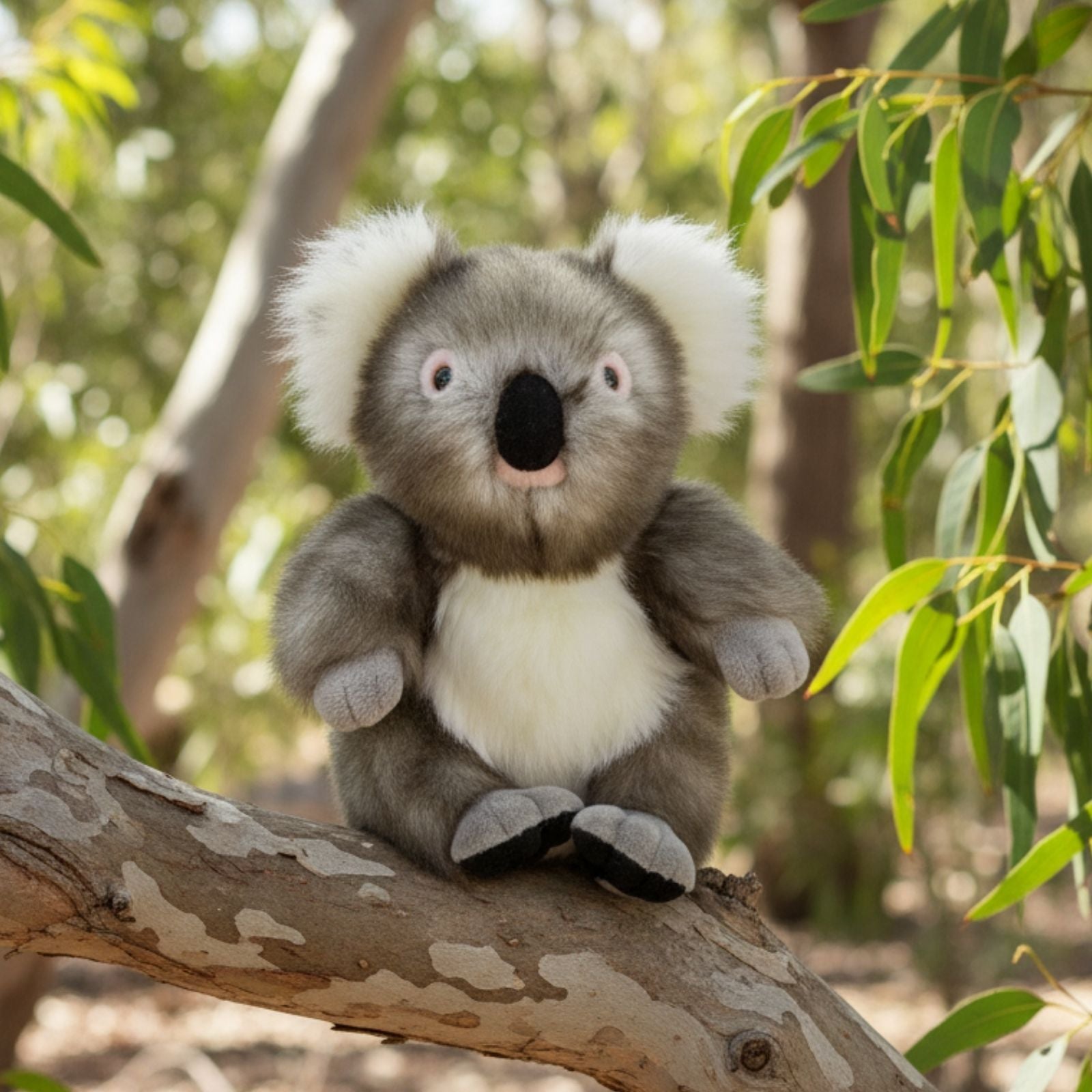 Stuffed koala toy on a tree branch with a natural background