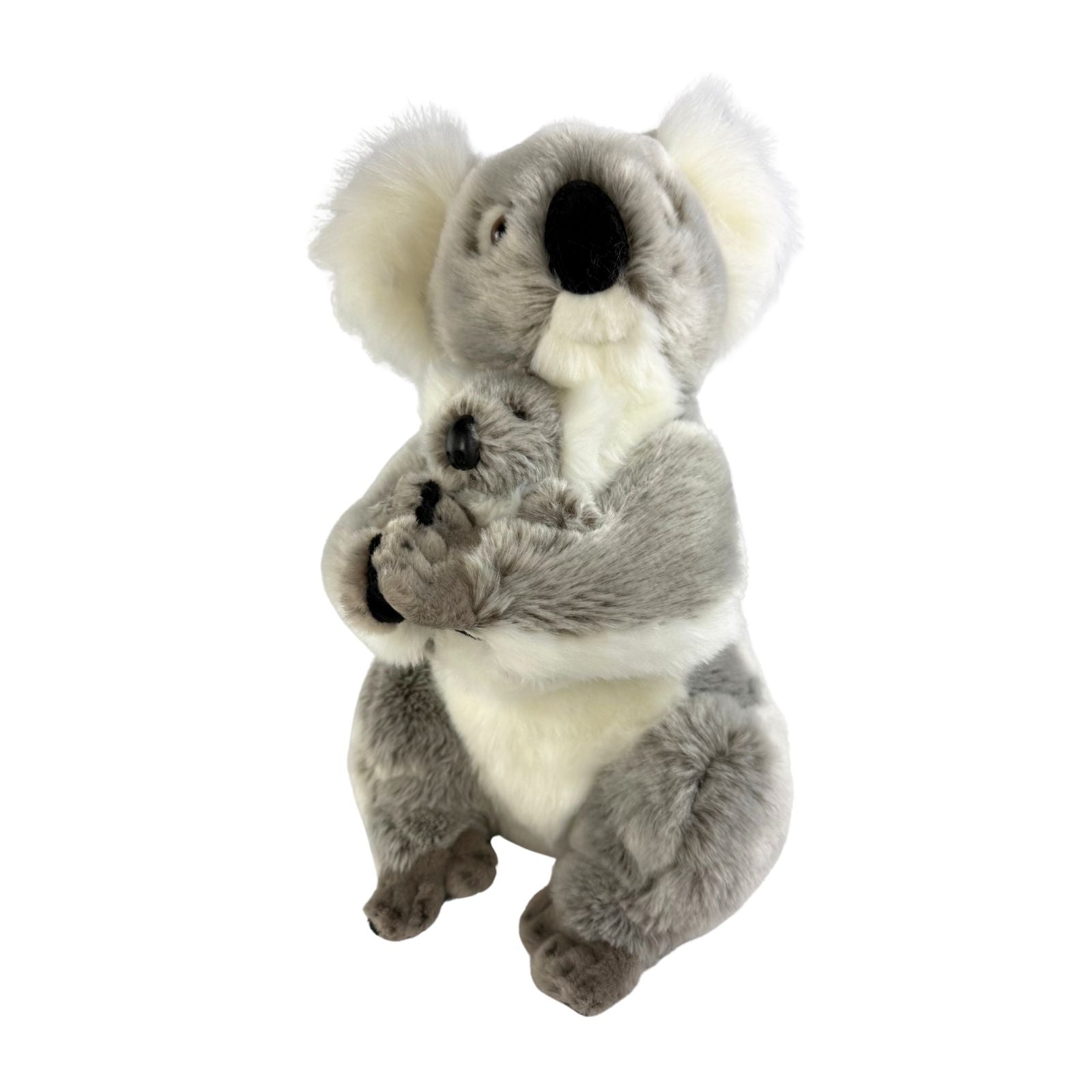 Plush toy of a koala holding a baby koala on a white background