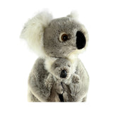 A gray and white plush koala stands holding a smaller joey in its arms.
