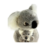 A close-up image of a soft plush koala toy featuring a larger mother koala holding a small baby joey in its arms