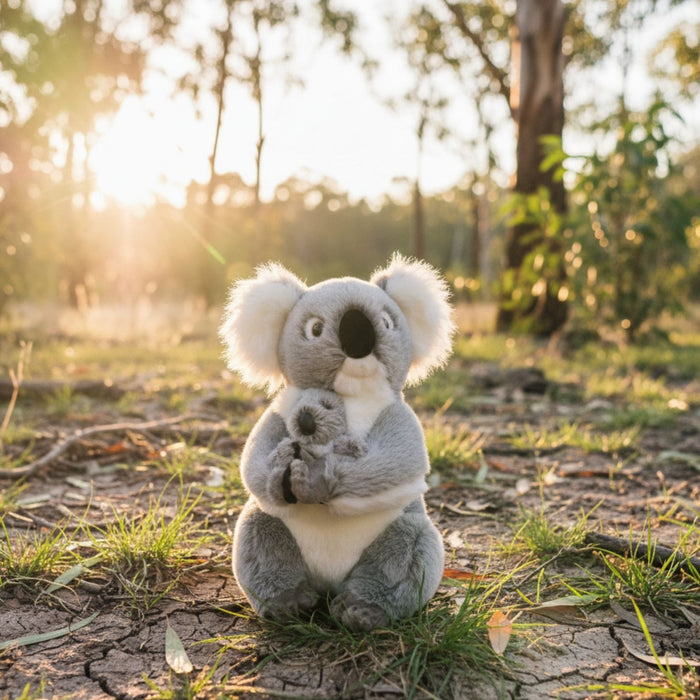 An outdoor, eye-level shot captures a plush koala toy and its joey in a sun-drenched, wooded area.