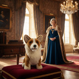 Windsor Welsh Corgi plush toy sitting on red velvet cushion with queen standing in elegant room