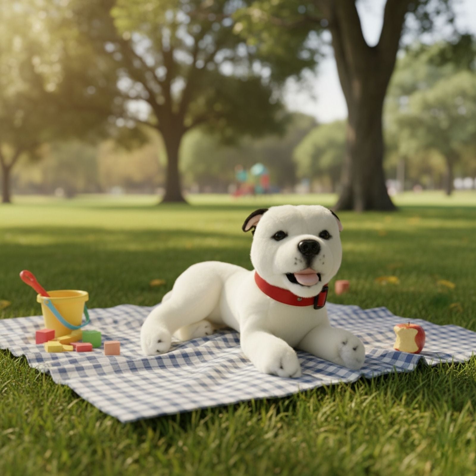 Winter Staffy plush toy lying on picnic blanket with toys and apple in sunny park