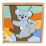 Wooden block puzzle of koala mother and baby with colorful background and packaging label