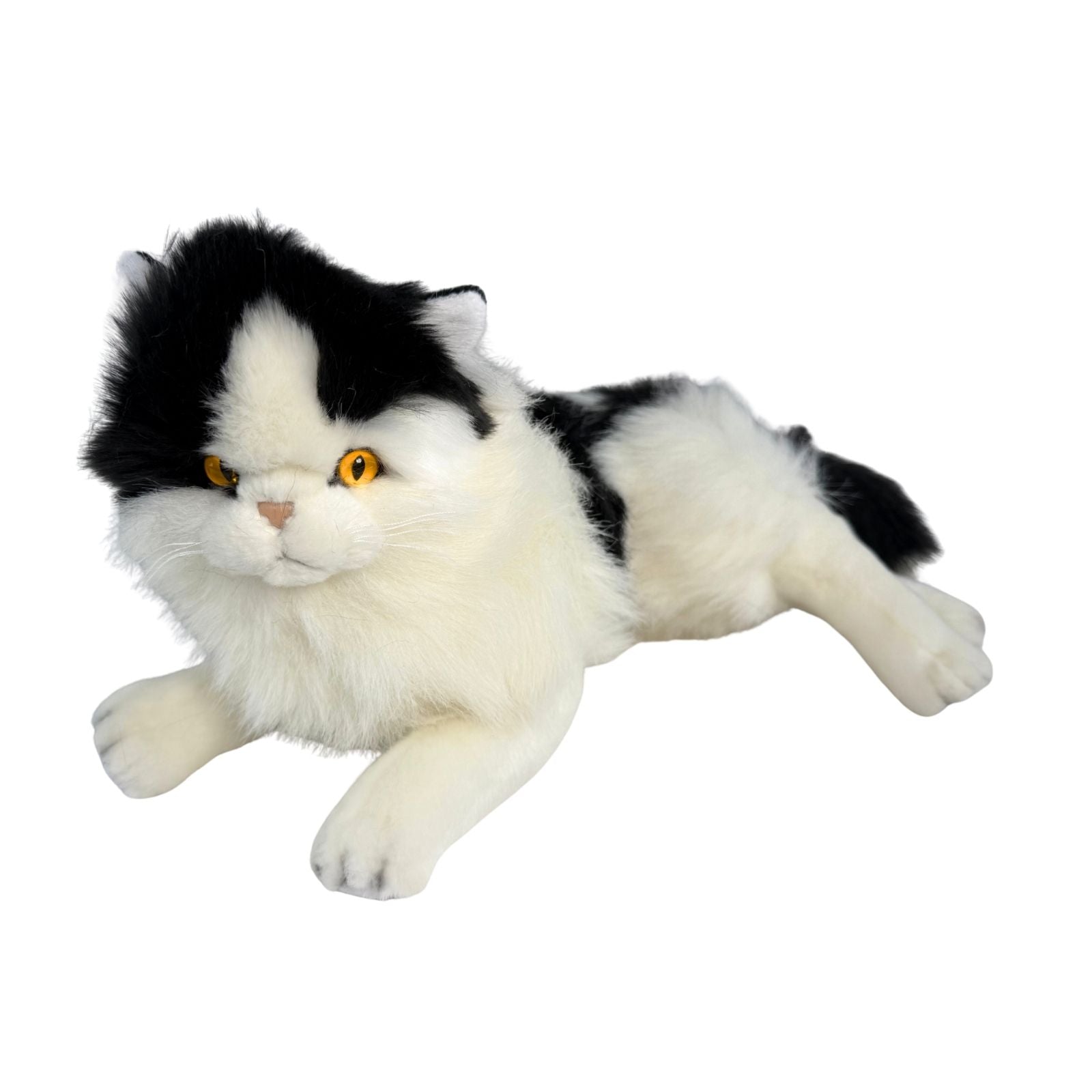 Woodrow Piebald cat plush toy lying