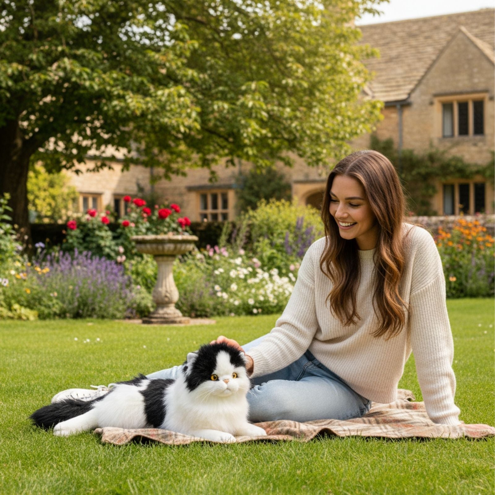 Woodrow Piebald cat plush toy lying on blanket in a garden