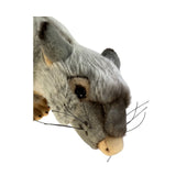 Plush toy head of a gray animal with black eyes and a tan nose on a white background