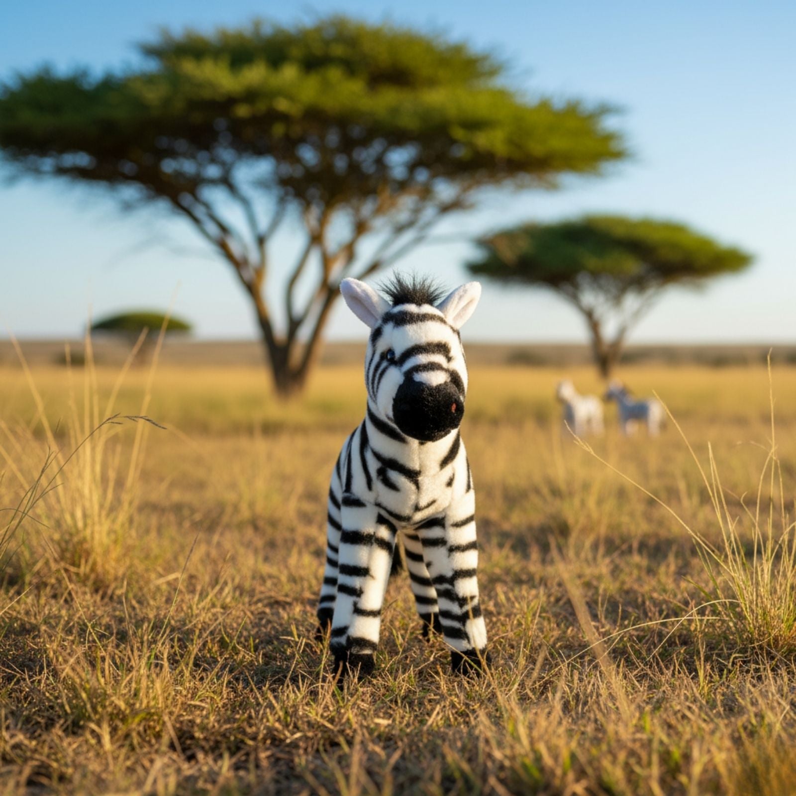 Zara zebra plush toy standing on dry grass in savanna