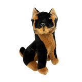 realistic soft plush toy black and tan dingo in a sitting position