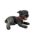 Grey Staffy dog plush toy lying