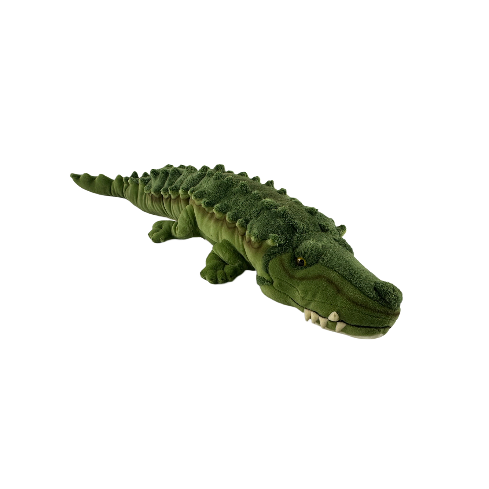 A large green crocodile plush toy with detailed airbrushed patterns, designed for children over 3 years old.